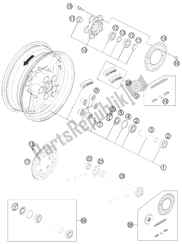 All parts for the Rear Wheel of the KTM 1190 RC8 R Black France 2011