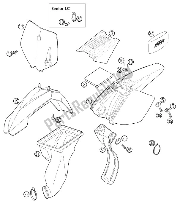 Todas las partes para Máscara, Guardabarros Trasero, 50 Lc Jun de KTM 50 SX PRO Junior LC Europe 2002
