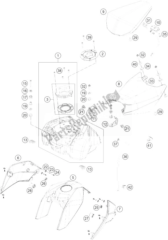 Tutte le parti per il Serbatoio, Sedile, Coperchio del KTM 390 Duke White ABS CKD Argentina 2014