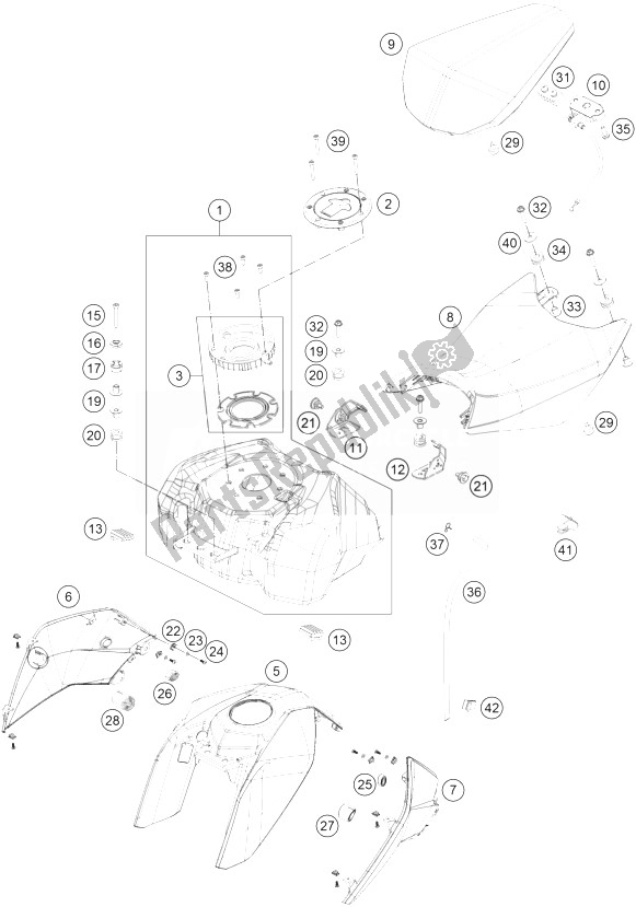 All parts for the Tank, Seat, Cover of the KTM 390 Duke White ABS CKD Malaysia 2014