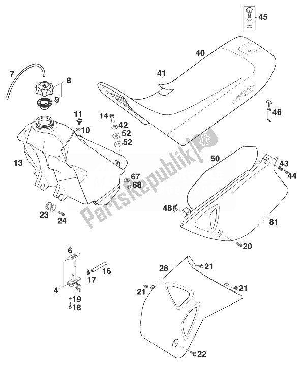 Tutte le parti per il Serbatoio - Sedile - Coperchio Sxc '98 del KTM 540 SXC Europe 1998