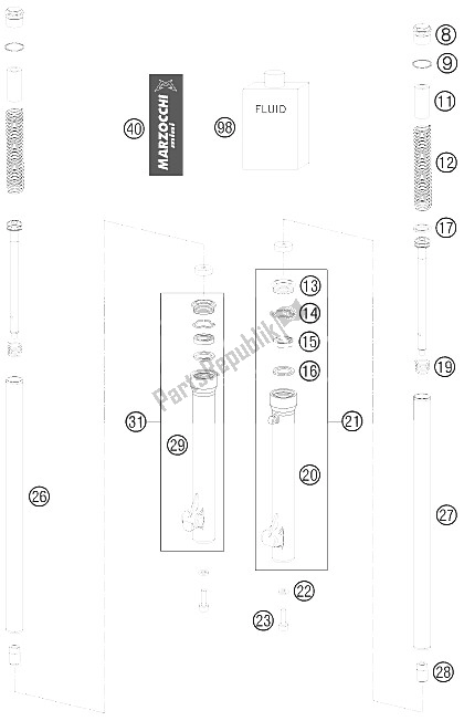 Tutte le parti per il Forcella Anteriore Smontata del KTM 50 SX Mini Europe 2011