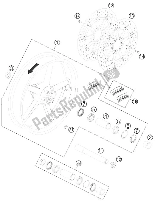 All parts for the Front Wheel of the KTM 990 Super Duke Black Europe 2011