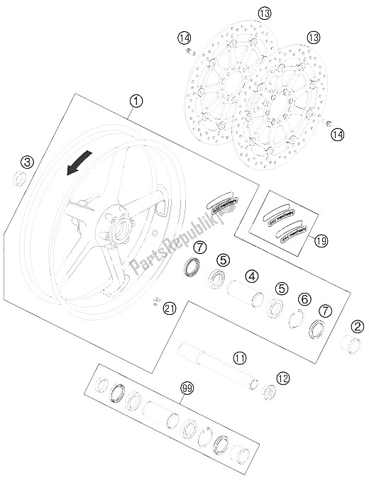 Alle onderdelen voor de Voorwiel van de KTM 990 Super Duke Black France 2012