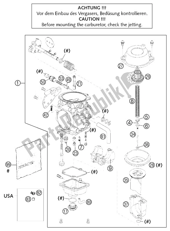 Tutte le parti per il Carburatore Mikuni Bst 640 Lc4 del KTM 640 Duke II Orange USA 2002