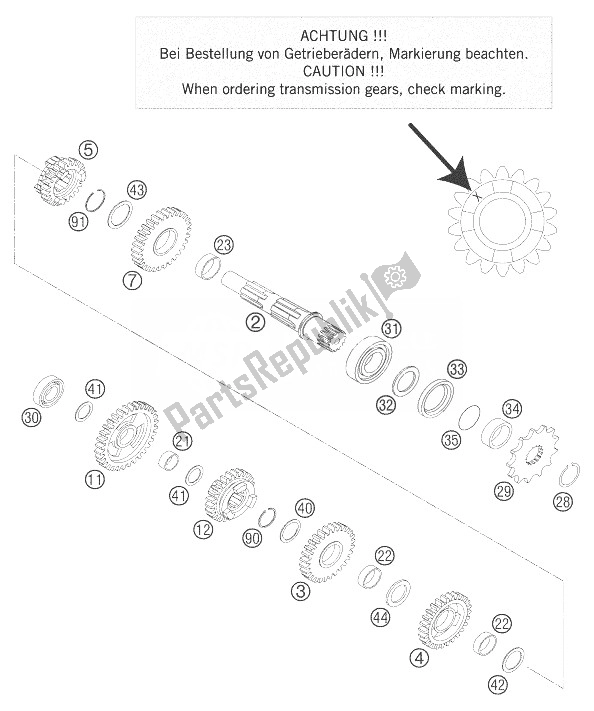 All parts for the Tramsmission Ii of the KTM 125 EXC Europe 2007