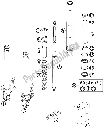 All parts for the Front Fork Disassembled of the KTM 990 Superduke Black Europe 2005