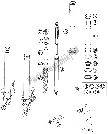 Wszystkie części do Zdemontowany Przedni Widelec KTM 990 Superduke Orange France 2005