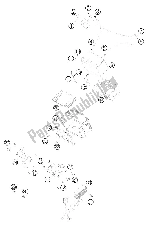 Tutte le parti per il Vano Batteria Lc8 del KTM 950 Adventure Black Europe 2005