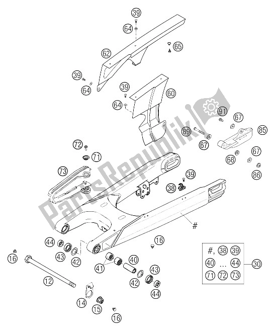 All parts for the Swingarm, Chain Guard of the KTM 400 LS E MIL Europe 2005