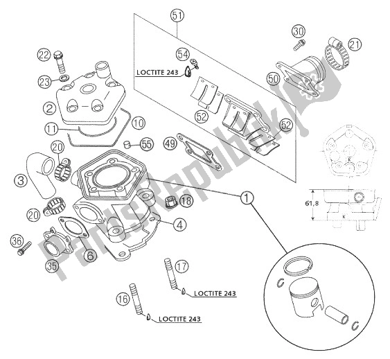 All parts for the Cylinder+head 65 Sx of the KTM 65 SX Europe 2004