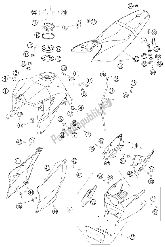 Tutte le parti per il Serbatoio, Sedile, Coperchio del KTM 990 Superduke Black Europe 2005