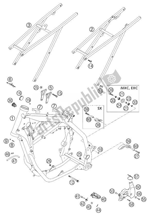 All parts for the Frame, Subframe 125/200 of the KTM 125 EXC Europe 2003