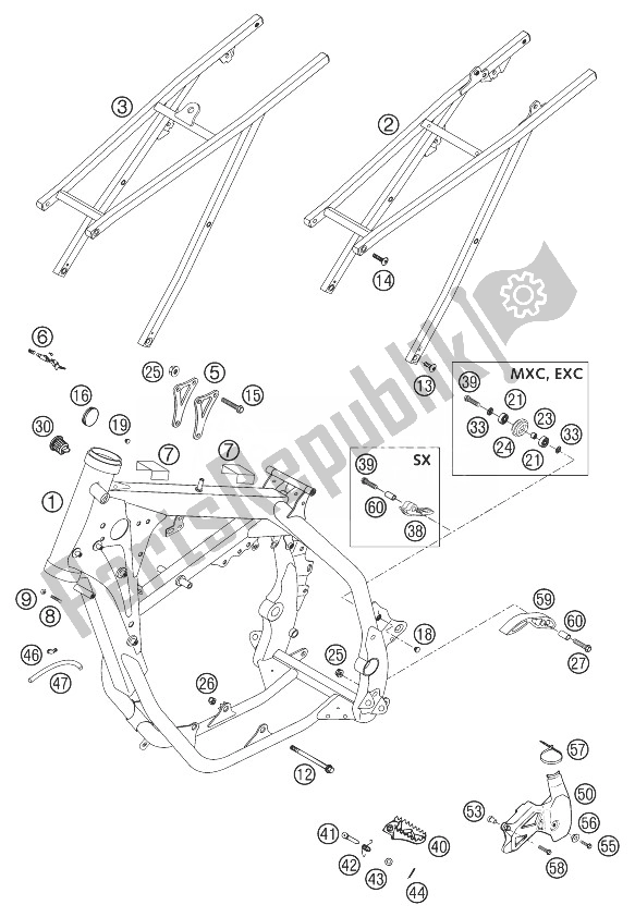 All parts for the Frame, Subframe 125/200 of the KTM 200 EXC USA 2003