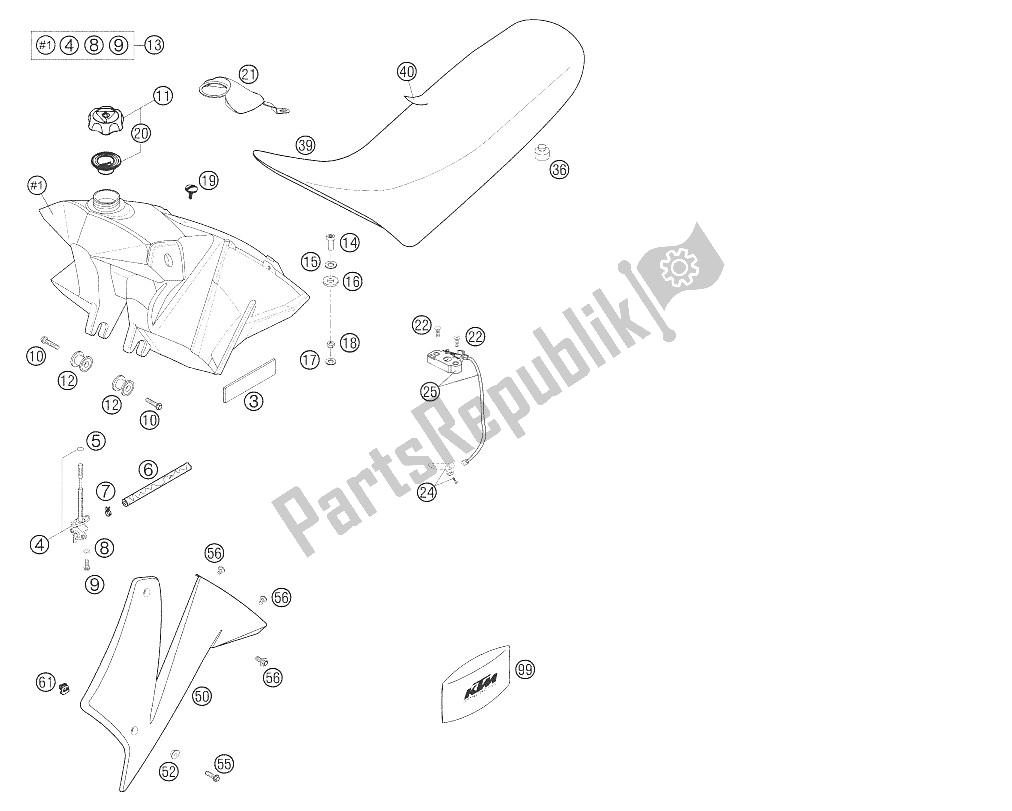 Todas las partes para Tanque, Asiento, Tapa de KTM 625 SMC Europe 2006