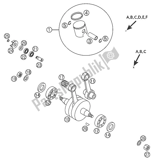 All parts for the Crankshaft, Piston 65 Sx 2002 of the KTM 65 SX Europe 2002