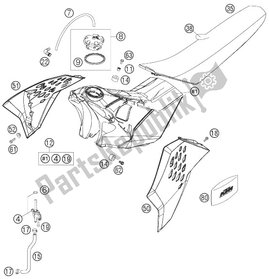 Todas as partes de Tanque, Assento, Tampa do KTM 250 SXS Europe 2007
