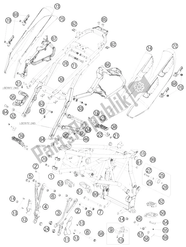 All parts for the Frame of the KTM 990 Supermoto T Orange Australia United Kingdom 2010