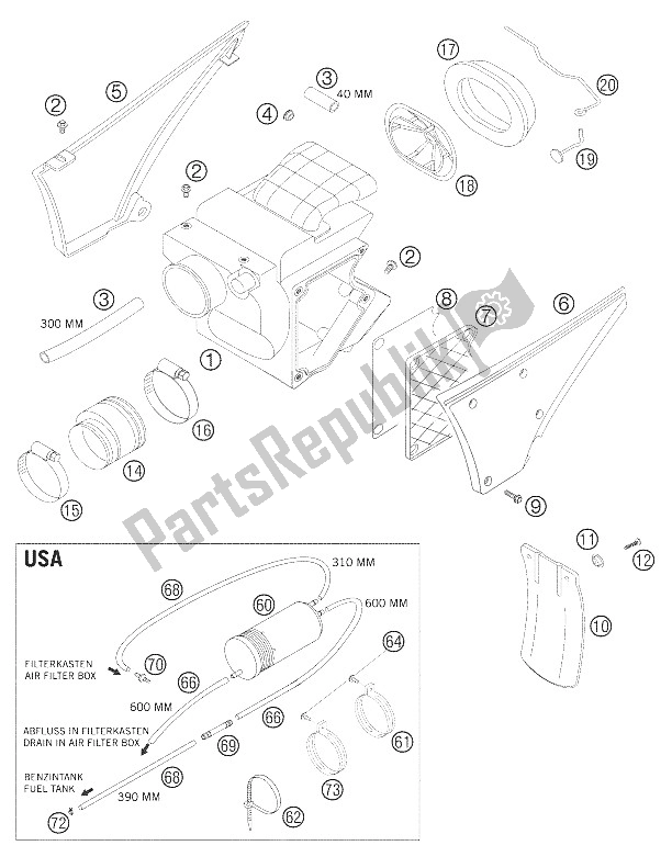 All parts for the Air Filter Box of the KTM 640 Adventure Australia United Kingdom 2005