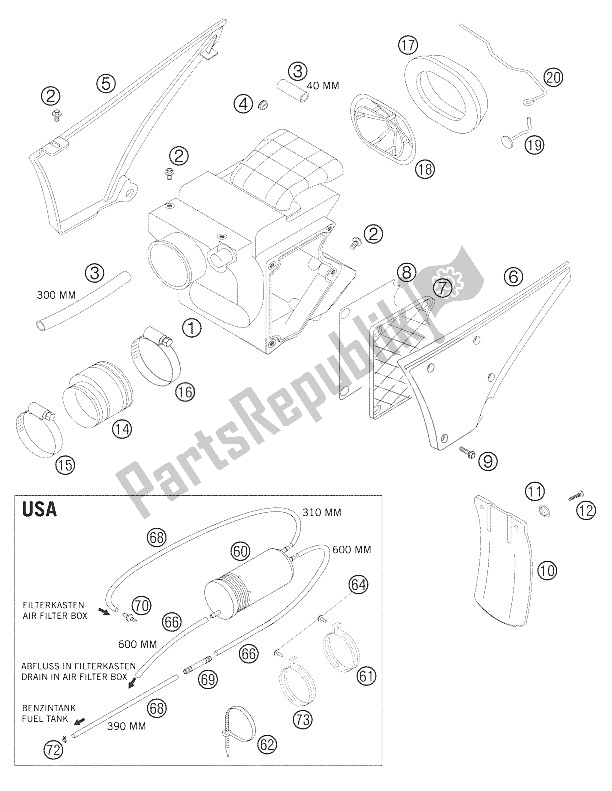 All parts for the Air Filter Box of the KTM 640 LC4 Adventure USA 2006