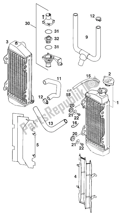 Alle onderdelen voor de Radiator - Radiatorslang 250/300/360 '97 van de KTM 250 EXC M O Europe 1997