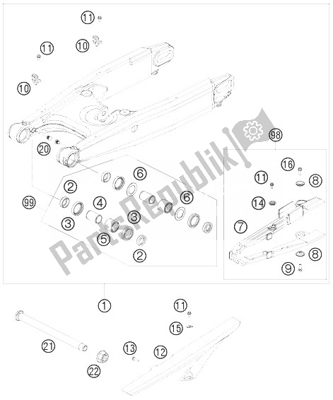 Alle onderdelen voor de Zwenkarm van de KTM 990 Supermoto R USA 2010