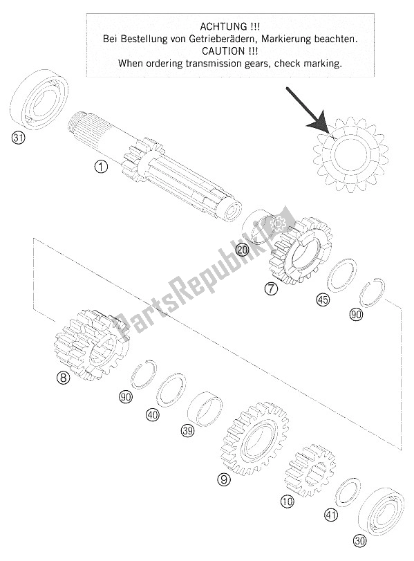 All parts for the Transmission I of the KTM 125 EXC Europe 2006