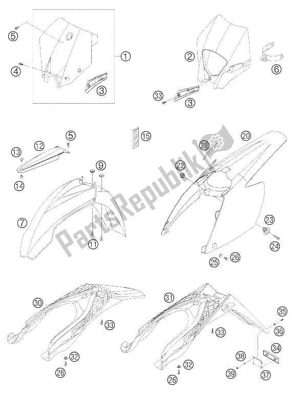 All parts for the Mask - Fender 250-525 Racin of the KTM 400 EXC G Racing USA 2005