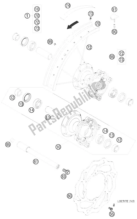 Alle onderdelen voor de Voorwiel van de KTM 105 XC 19 16 USA 2009