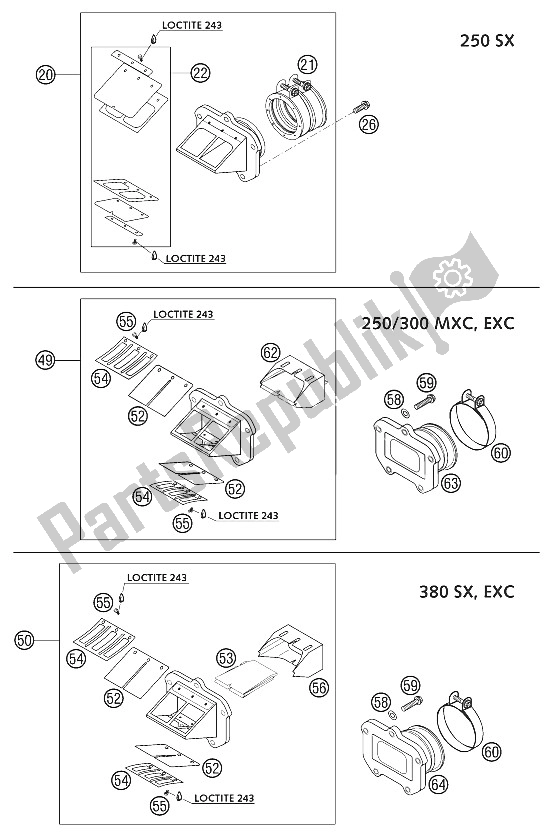 Toutes les pièces pour le Boîtier De Vanne à Clapet Cpl. 250 / 300 du KTM 250 EXC SIX Days Europe 2002