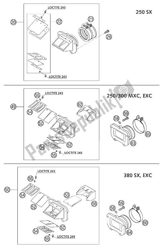 All parts for the Reed Valve Housing Cpl. 250/300 of the KTM 300 EXC Europe 2002