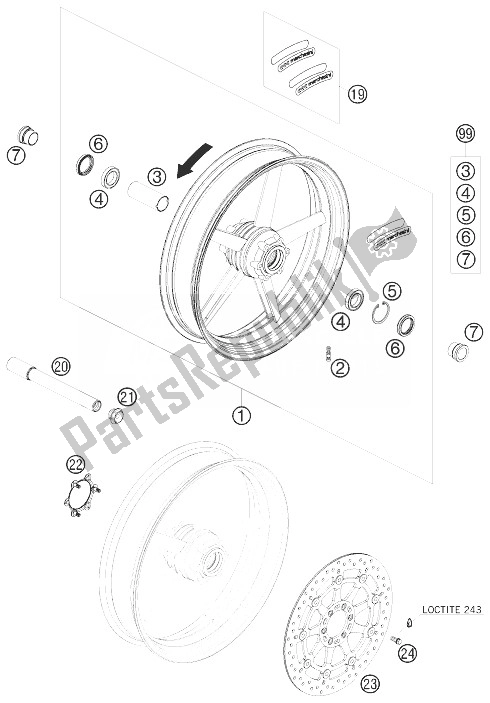 All parts for the Front Wheel of the KTM 690 Duke Black USA 2010