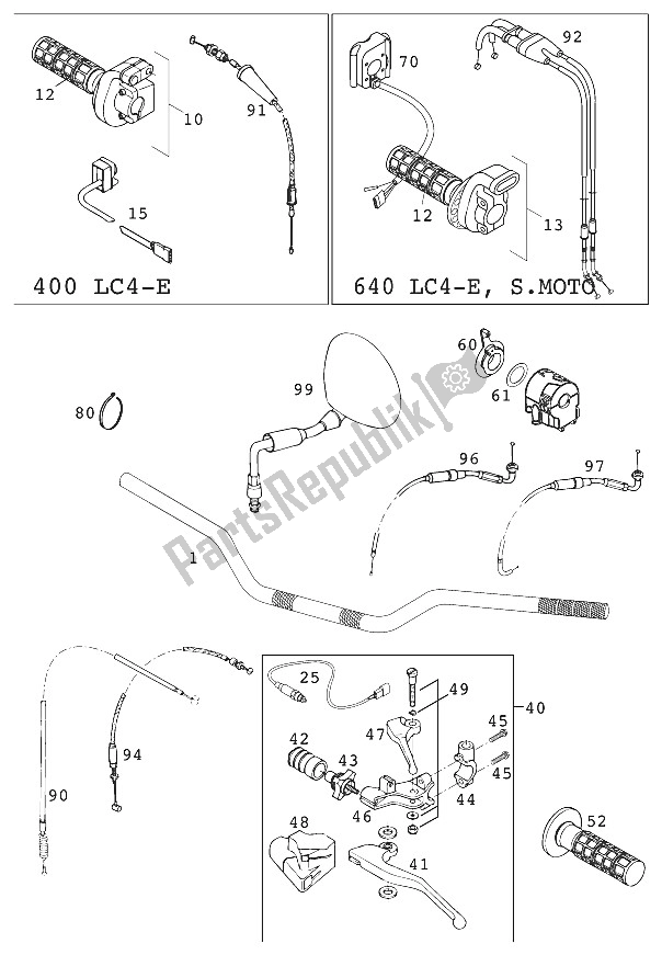 Tutte le parti per il Manubrio - Comandi 400/640 Lc4 2 del KTM 400 LC4 E Europe 932606 2000