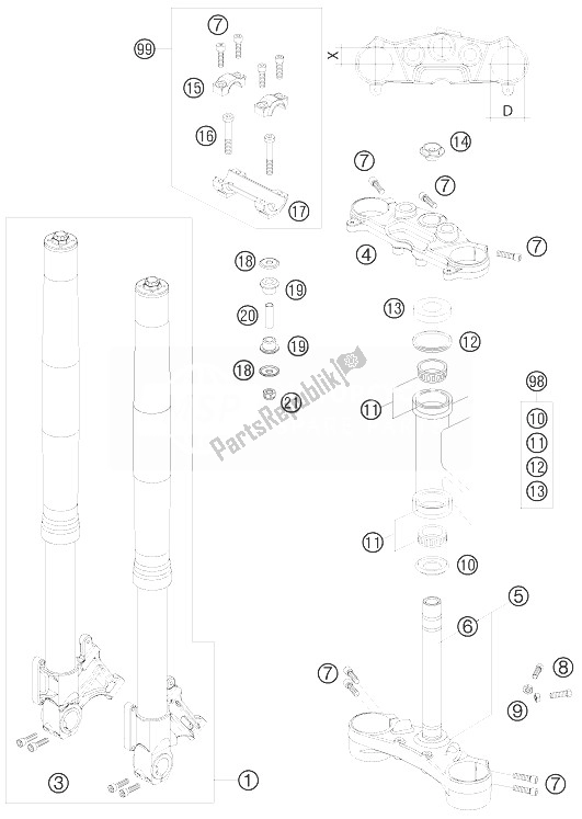 All parts for the Front Fork of the KTM 990 Super Duke Olive ME Australia United Kingdom 2010