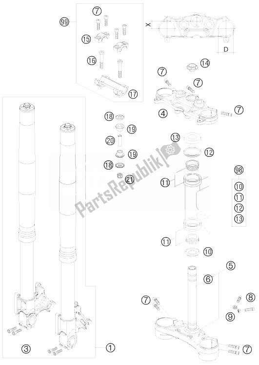 All parts for the Front Fork of the KTM 990 Super Duke Orange Australia United Kingdom 2010