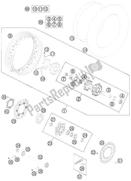 All parts for the Rear Wheel of the KTM 990 ADV Orange ABS Spec Edit Brazil 2011