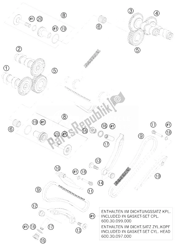 All parts for the Timing Drive of the KTM 990 Adventure R Australia United Kingdom 2010