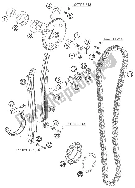 All parts for the Timing Drive of the KTM 690 Supermoto Black Europe 2007