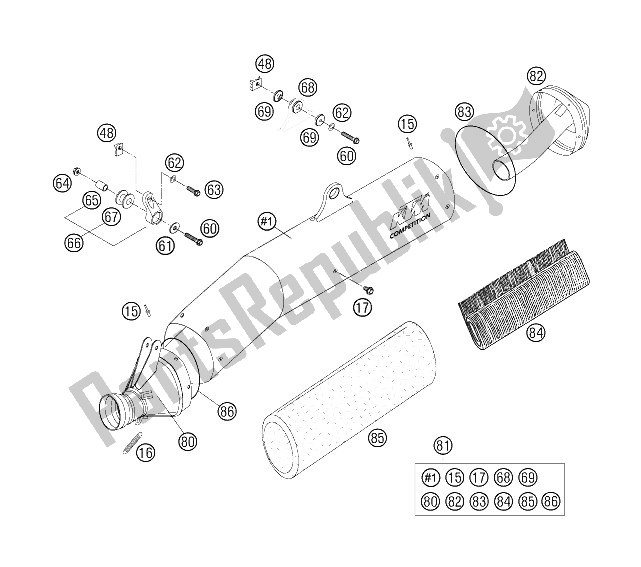 Tutte le parti per il Silenziatore Di Scarico del KTM 625 SXC Europe 2006