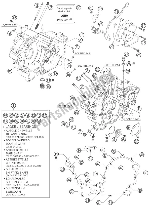 All parts for the Engine Case of the KTM 990 Super Duke Orange Australia United Kingdom 2007