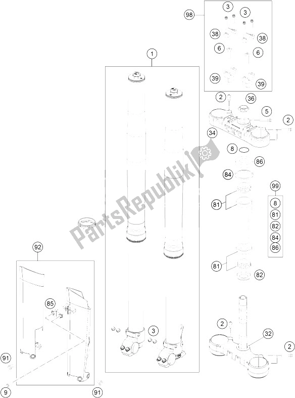 All parts for the Front Fork, Triple Clamp of the KTM 350 EXC F Australia 2015