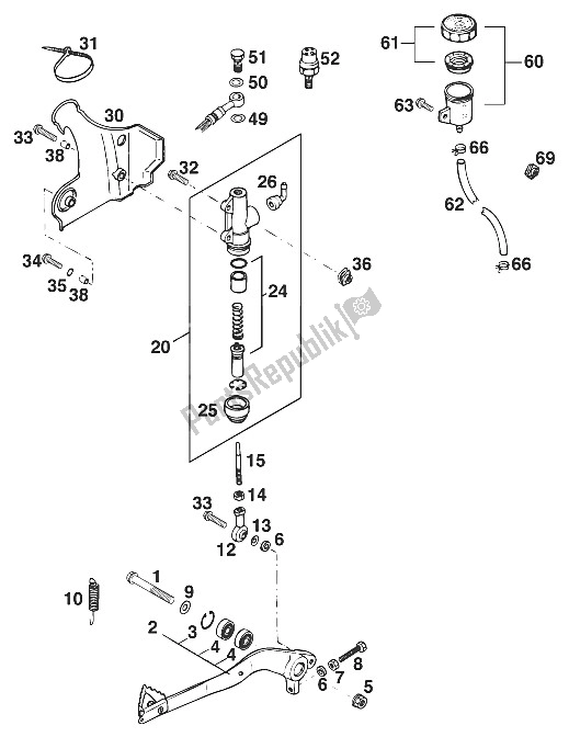 Tutte le parti per il Comando Freno Posteriore 250/300'95 del KTM 300 EXC M O Europe 1996