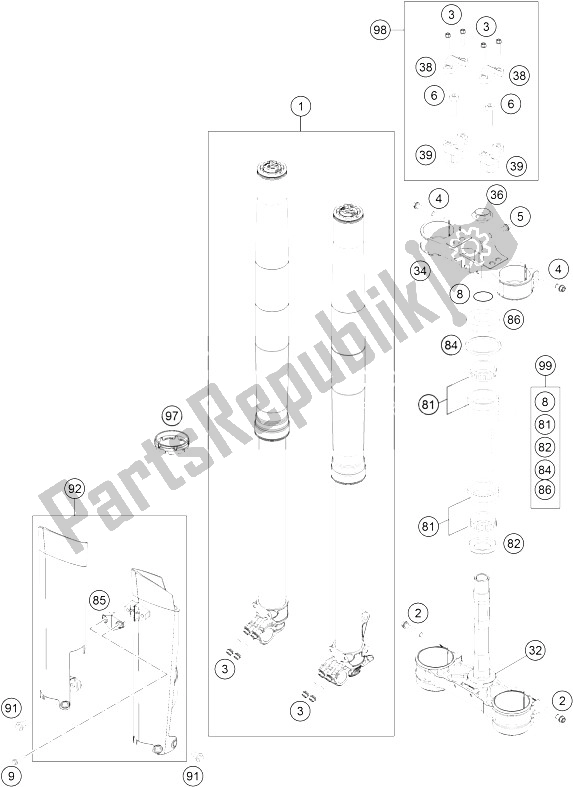 All parts for the Front Fork, Triple Clamp of the KTM 350 EXC F SIX Days Europe 2016