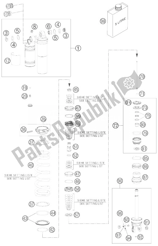 All parts for the Monoshock Disassembled of the KTM 250 SXS Europe 2007