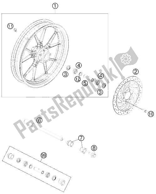 All parts for the Front Wheel of the KTM 200 Duke OR W O ABS CKD 16 Colombia 2015