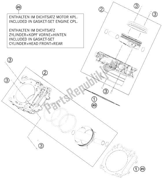 All parts for the Cylinder of the KTM 1190 RC8 Orange USA 2010