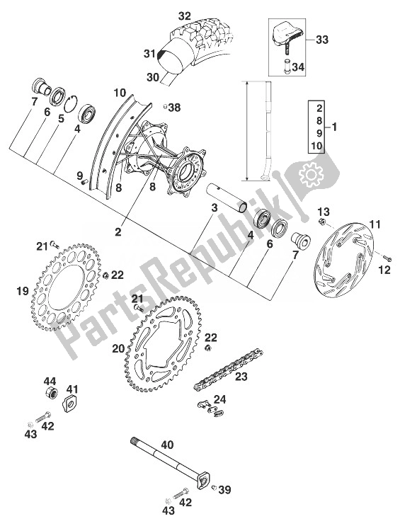 All parts for the Rear Wheel 400/620 Sx,sc '98 of the KTM 620 SUP Comp Europe 1998