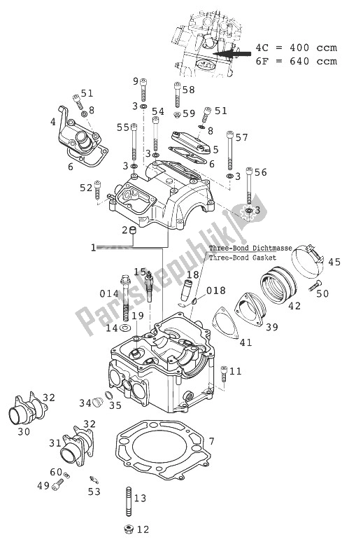 Alle onderdelen voor de Cilinderkop 400/640 Lc4-e van de KTM 400 LC 4 98 Europe 930386 1998