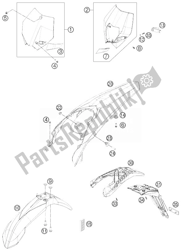 All parts for the Mask, Fenders of the KTM 200 EXC Australia 2013