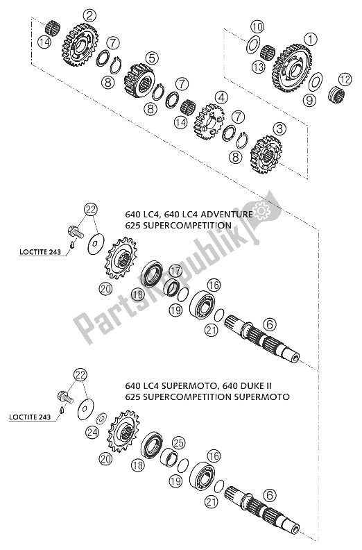 All parts for the Transmission Ii 640 Lc4 2002 of the KTM 640 Duke II Schwarz Europe 2002